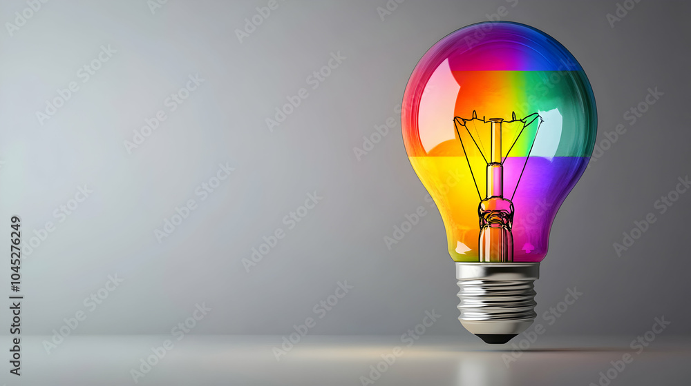 Poster glowing rainbow-colored lightbulb floating on a plain background