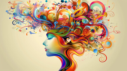 vibrant illustration of human head filled with colorful swirling ideas and symbols, showcasing creativity and imagination. flowing hair blends seamlessly with vivid colors and patterns