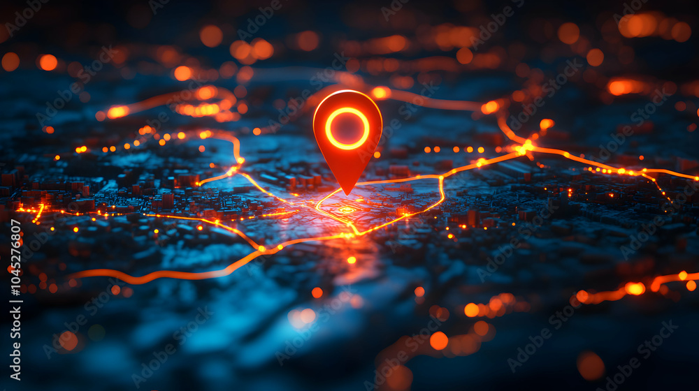 Poster high-tech digital map featuring a single pinpoint symbolizing artificial intelligence technology