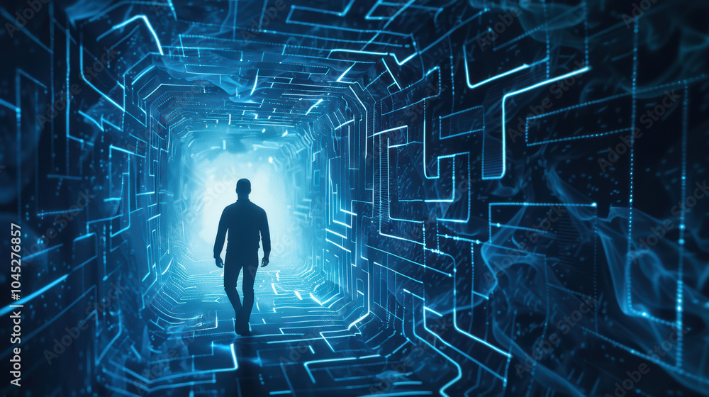 Poster human silhouette walks through maze of glowing digital patterns, creating sense of exploration and m