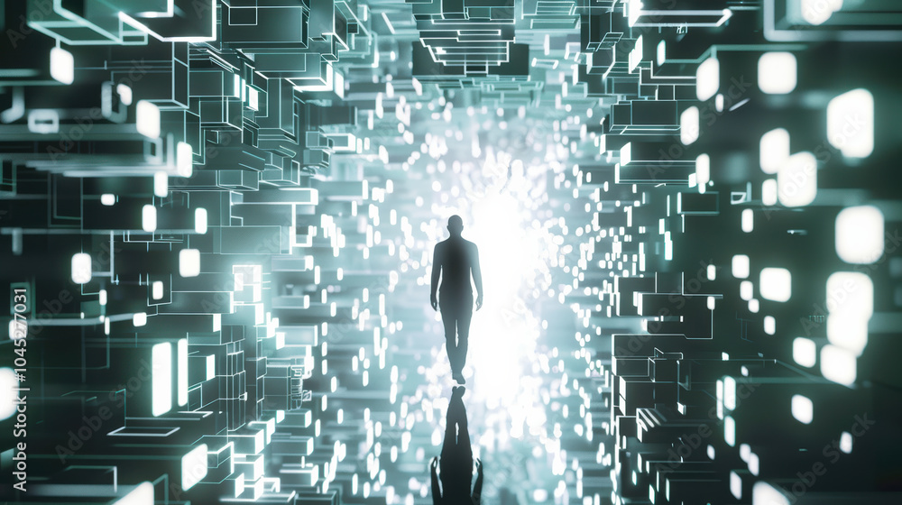 Poster human silhouette walking through maze of floating digital blocks, creating sense of exploration and 