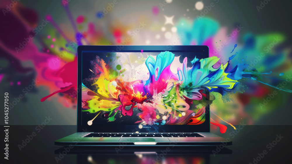 Poster laptop screen displaying vibrant and creative design with colorful splashes surrounding it, showcasi