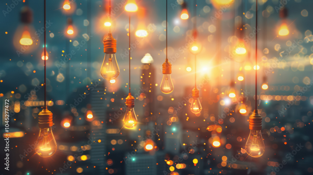 Poster floating lightbulbs illuminate abstract cityscape, creating warm and inviting atmosphere. glowing li