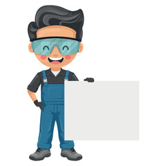 Maintenance technician. Handyman holding a banner with space for text for advertising, presentations, brochures, focused on maintenance tasks, repairs in industrial and domestic environments