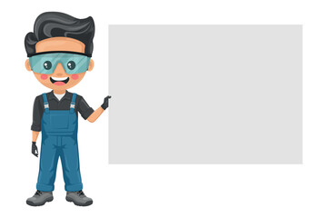 Maintenance technician. Handyman holding a sign with space for text for advertising, presentations, brochures, focused on maintenance tasks, repairs in industrial and domestic environments