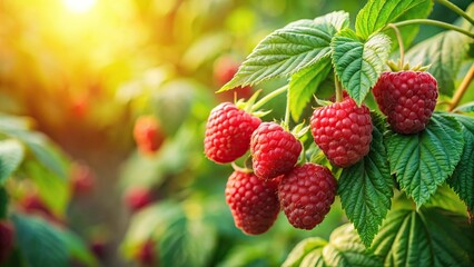 Fresh raspberries hanging on bush