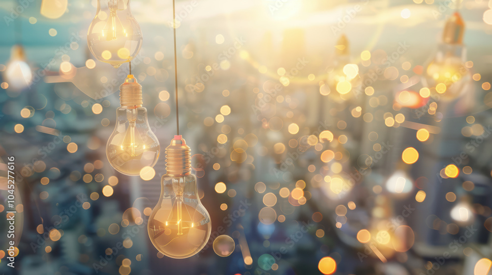 Poster bright lightbulbs of various shapes and sizes float above cityscape, creating warm and inviting atmo