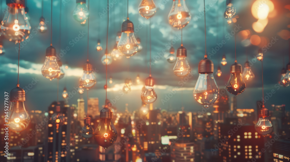Poster floating lightbulbs of various shapes and sizes illuminate city skyline at dusk, creating magical at