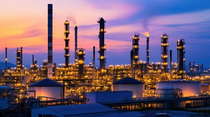 Obraz premium Industrial Landscape at Sunset with Towering Smokestacks
