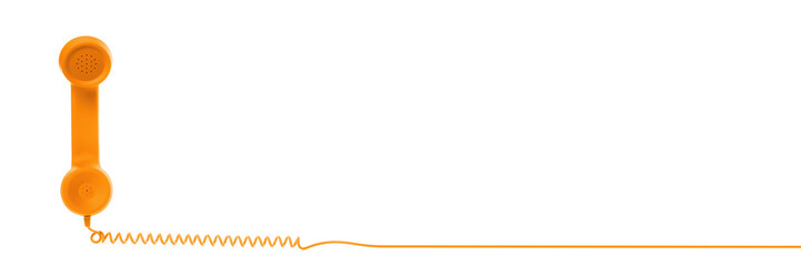 Orange corded telephone handset on white background. Banner design with space for text