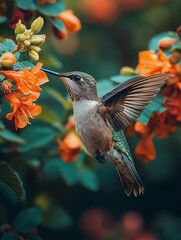 Obraz premium Hummingbird sipping nectar from orange flowers