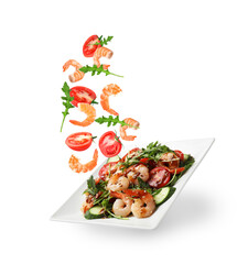 Shrimps, other ingredients and plate in air on white background