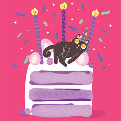 Cute cat happy birthday greeting card With Piece Of Cake, flat and colorful illustration.