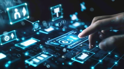 Obraz premium Digital Banking and Financial Technology Concept. A person presents digital banking and financial technology icons, and currency symbols, emphasizing modern online payment systems and e-commerce.
