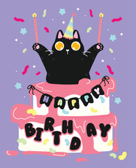 Funny black cat jumping out of the birthday cake. Happy birthday greeting card, flat and colorful illustration.