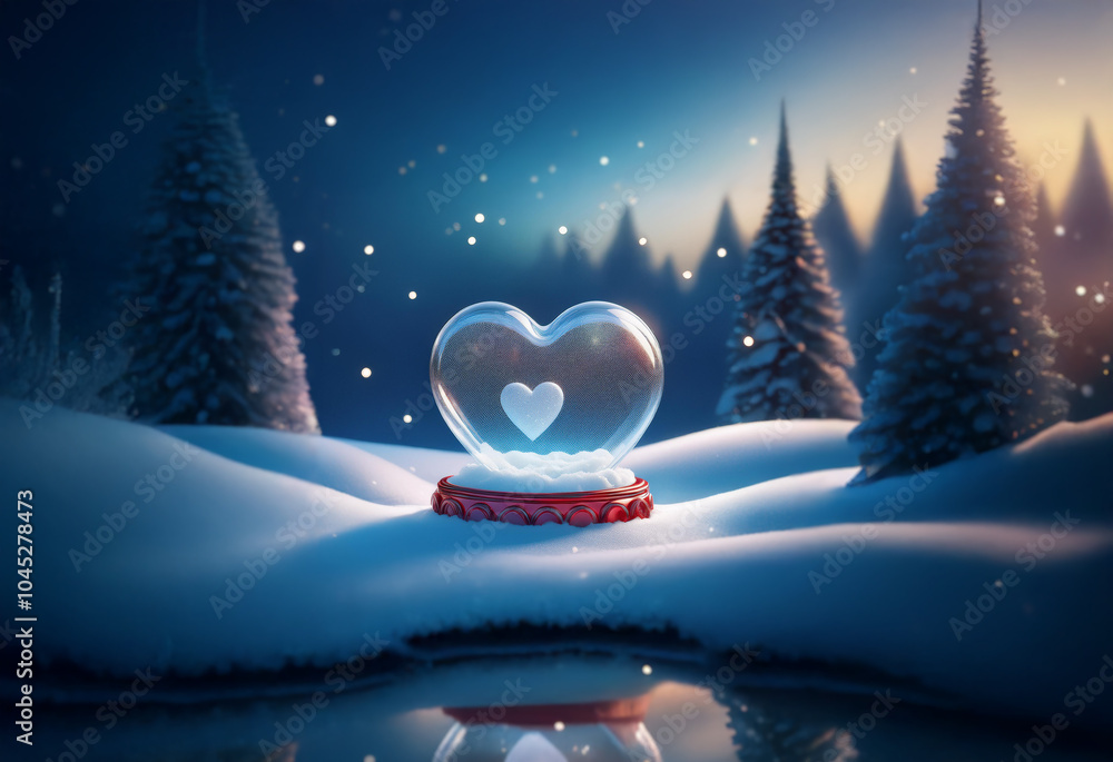 Poster a heart-shaped snow globe sits in a snowy forest with a small lake in the foreground and trees in th