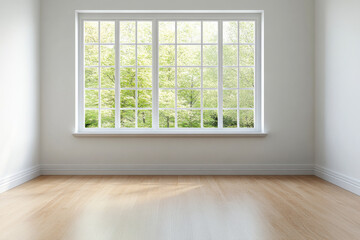 Bright airy room featuring a large window with views of lush greenery outside on a sunny day