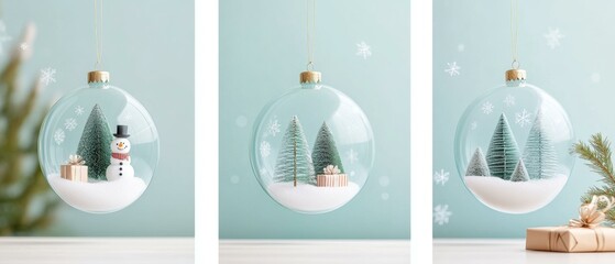 Three festive ornaments hanging on tree