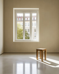 Fototapeta premium Bright minimalist interior featuring a wooden stool illuminated by sunlight through a large window