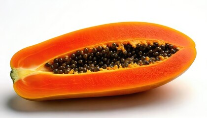 Cut papaya with seeds, white isolated background