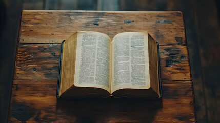 Obraz premium Minimalist Scene Featuring an Open Book on a Wooden Desk with Natural Light