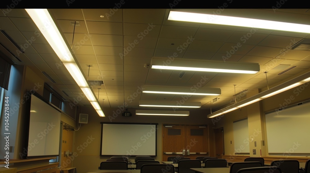 Poster bright, modern university lecture hall with rows of empty desks, welcoming students and professors f