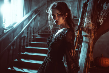 Fototapeta premium Captivating Silhouette An Elegant Fashion Portrait in a Moody Atmospheric Setting