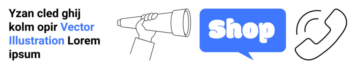 A hand holding a telescope looking at a blue speech bubble with the word shop and a phone receiver. Ideal for marketing, online shopping, customer service, web banners, and e-commerce. Banner