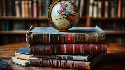 A Stack of Colorful Books with a World Globe on Top, Representing Global Knowledge and Education