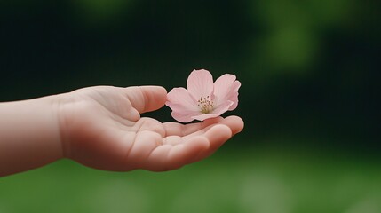 A gentle hand cradles a delicate pink flower, symbolizing care and connection with nature in a serene, green background.