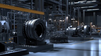 Fototapeta premium Gearbox manufacturing plant, with advanced machinery building transmission parts for a variety of vehicles.