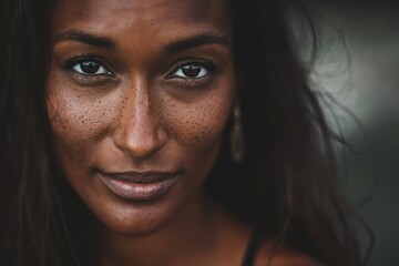 Portrait of a young African-American woman around 30 years old, with long hair, smiling joyfully, close-up of her face