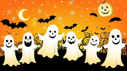 Fototapeta premium Cheerful Ghosts and Detailed Jack-o'-Lanterns: Vibrant Orange Backdrop, Whimsical Bats, Twinkling Stars - Charming Halloween Pattern