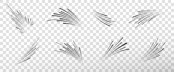 Set of black speed lines on a transparent background. Motion effect, speed lines for design. Vector png for comics.