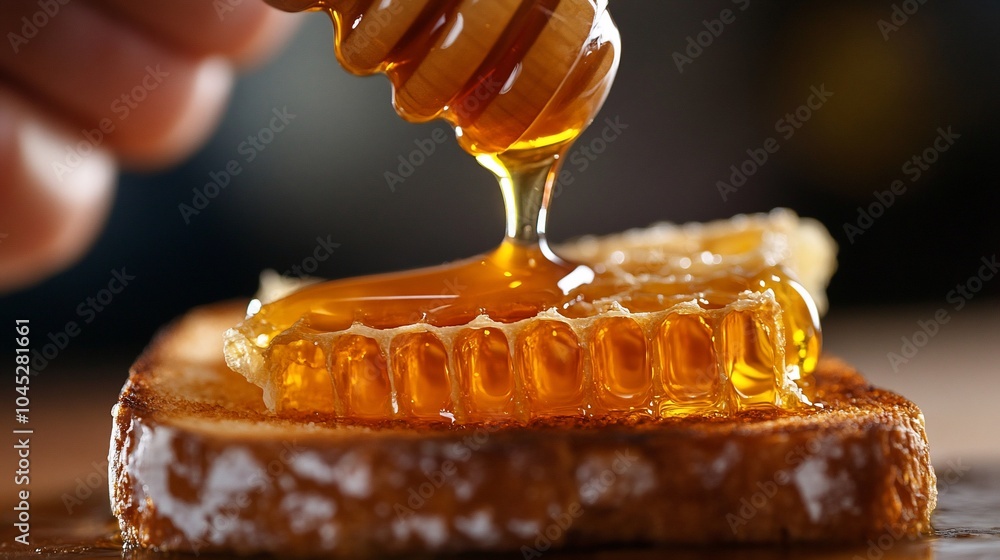 Poster honey dripping onto a slice of toast with honeycomb.