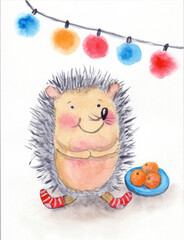Baby hedgehog under a glowing Christmas garland in red striped socks with tangerines. Hand drawn watercolor illustration.