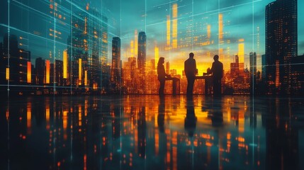 Business team collaborates at sunset with a cityscape and digital overlay in an innovative workspace