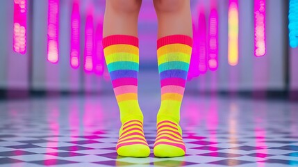 Vibrant neon rainbow socks stand out against a colorful background in a whimsical setting