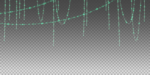 Christmas garland isolated on transparent background. Glowing colorful light bulbs with sparkles.Xmas, New Year, wedding or Birthday decor. Party event decoration. Winter holiday season element.