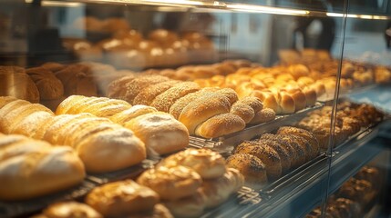 Freshly Baked Bread Display in Bakery Showcase