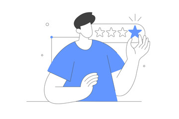 Feedback and review concept. Character giving positive feedback. 5 stars. Rating scale and customer satisfaction. Vector Illustration, icon. Stylish, Minimalist line, abstract