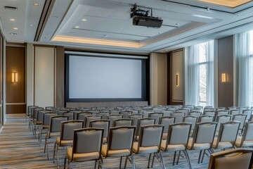 Side-angle view of a modern empty conference hall interior