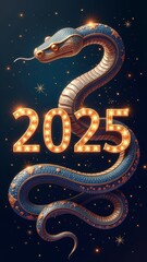 Fototapeta premium Christmas Background with Numbers 2025 and Year Symbol Beautiful shiny Snake blue gold with Gemstones on dark Background, Vertical