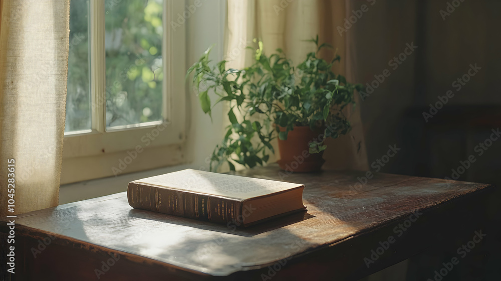 Poster a single book resting on a neat desk symbolizing education and learning in a bright workspace