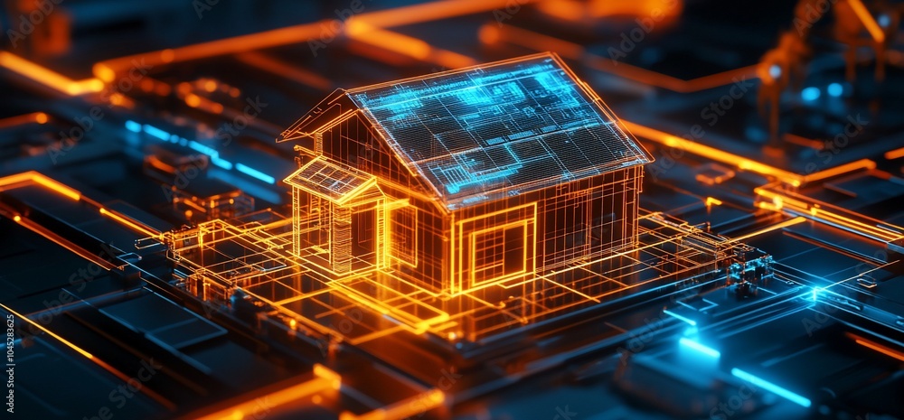 Aufkleber 3d rendering of a glowing digital house on a futuristic circuit board.