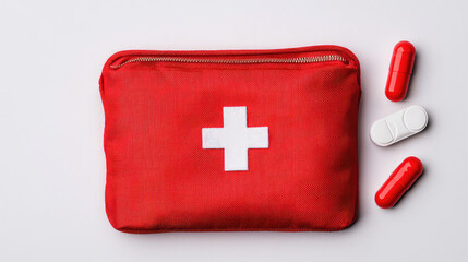 Bright red first aid kit with white cross logo, surrounded by red and white pills, symbolizes health and safety. This essential item is perfect for emergencies and travel