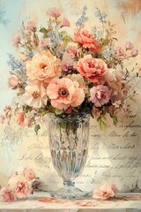 Obraz premium A beautiful arrangement of pastel flowers in a crystal vase with delicate petals and whimsical background elements captivating nature's essence