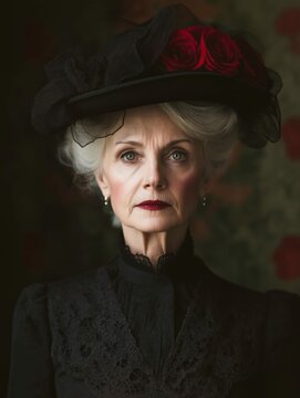 Older Woman Wearing Fine Old-Fashioned Dark Clothing and Black Hat with Roses