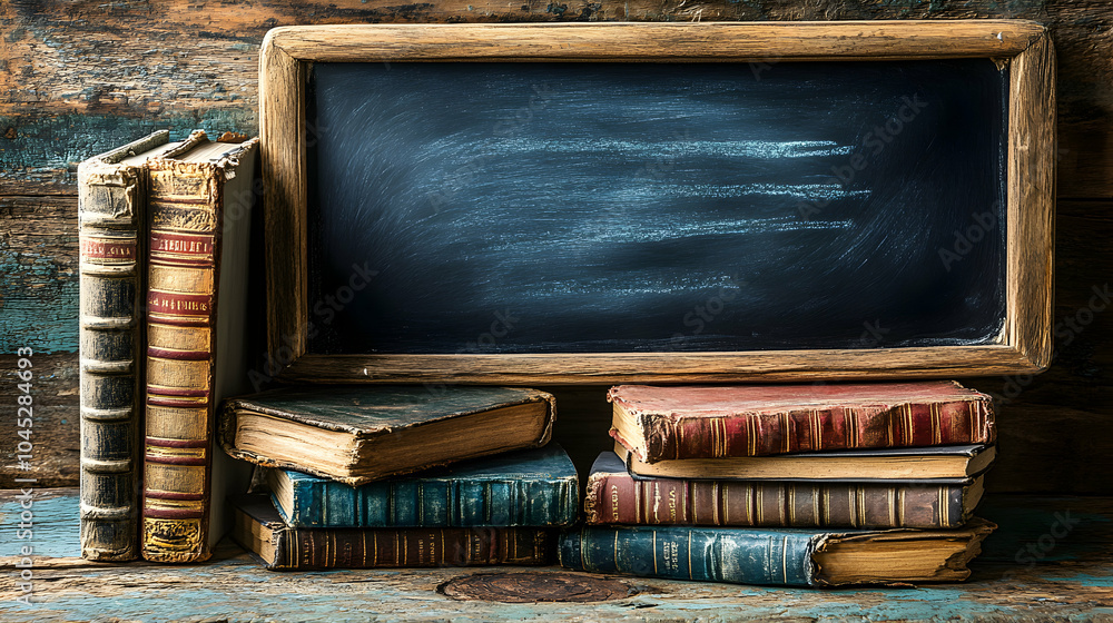 Aufkleber stack of colorful books on a wooden table with a chalkboard in the background