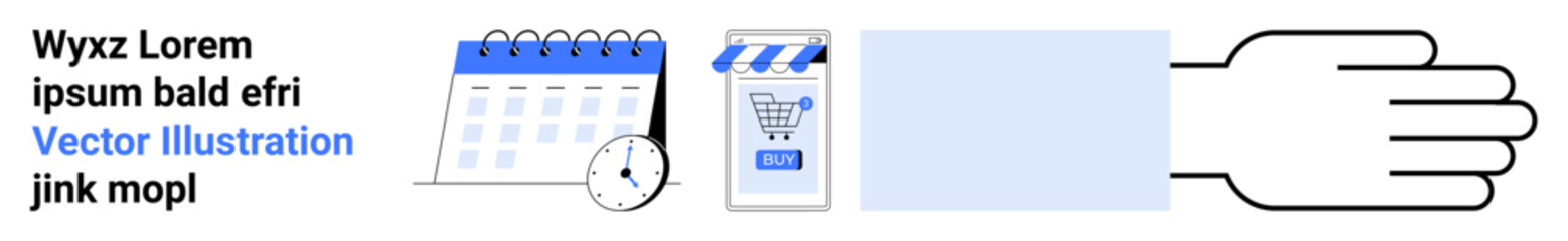 Calendar with clock, online shopping store, and hand graphics in a minimalist style. Ideal for business scheduling, time management, e-commerce, online shopping, and productivity themes. Banner